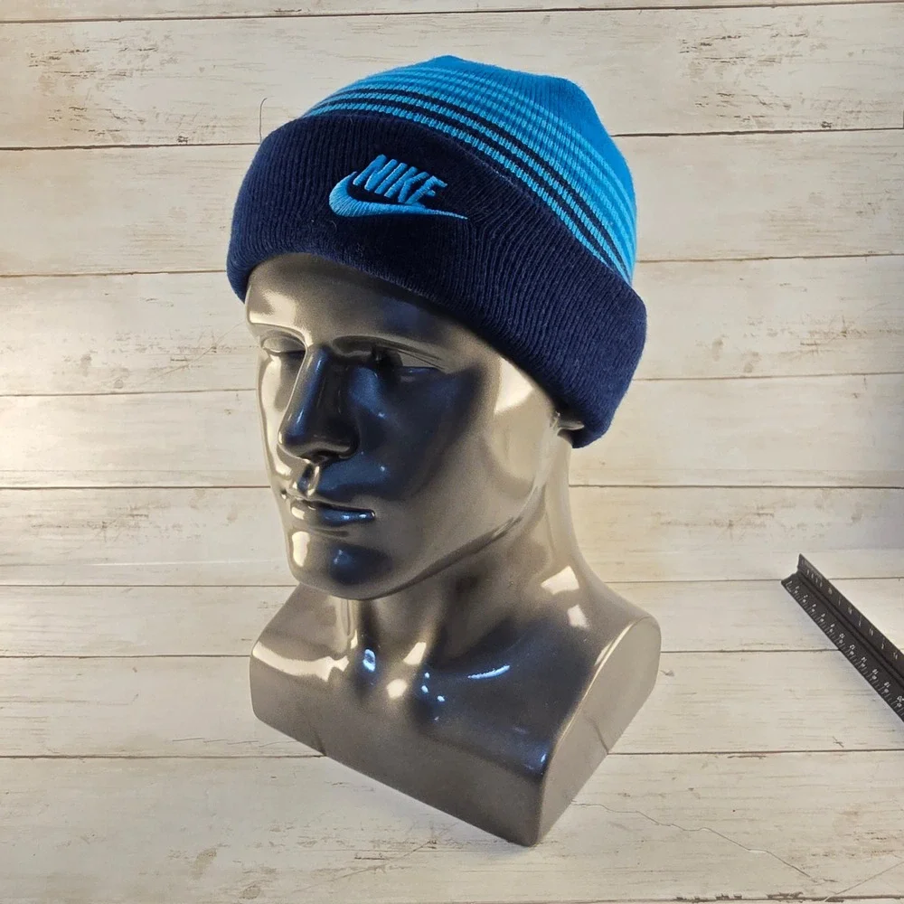 Nike Youth Beanie Blue Striped Cuffed Knit Hat Embroidered Logo 2945-U9J-321